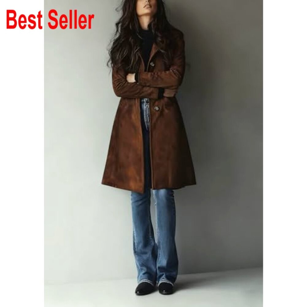 Faux Suede Trench Coat Classic Slim Fit Elegant Long Overcoat with Pockets - Picture 4 of 7